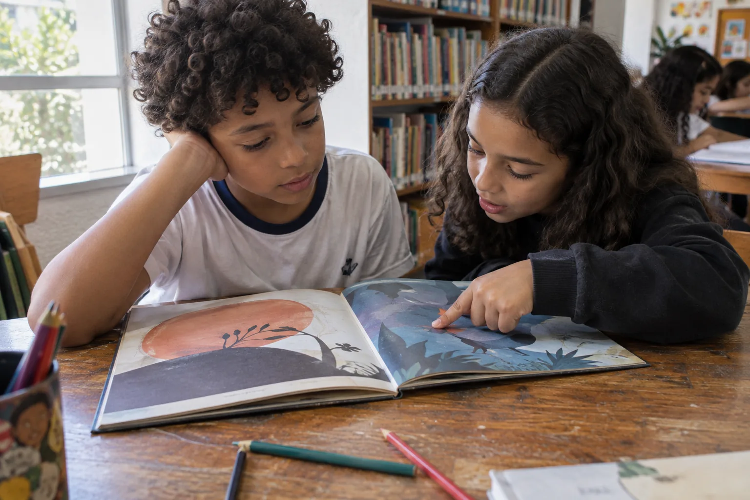 Crianças observam juntas as páginas de um livro sobre uma mesa.